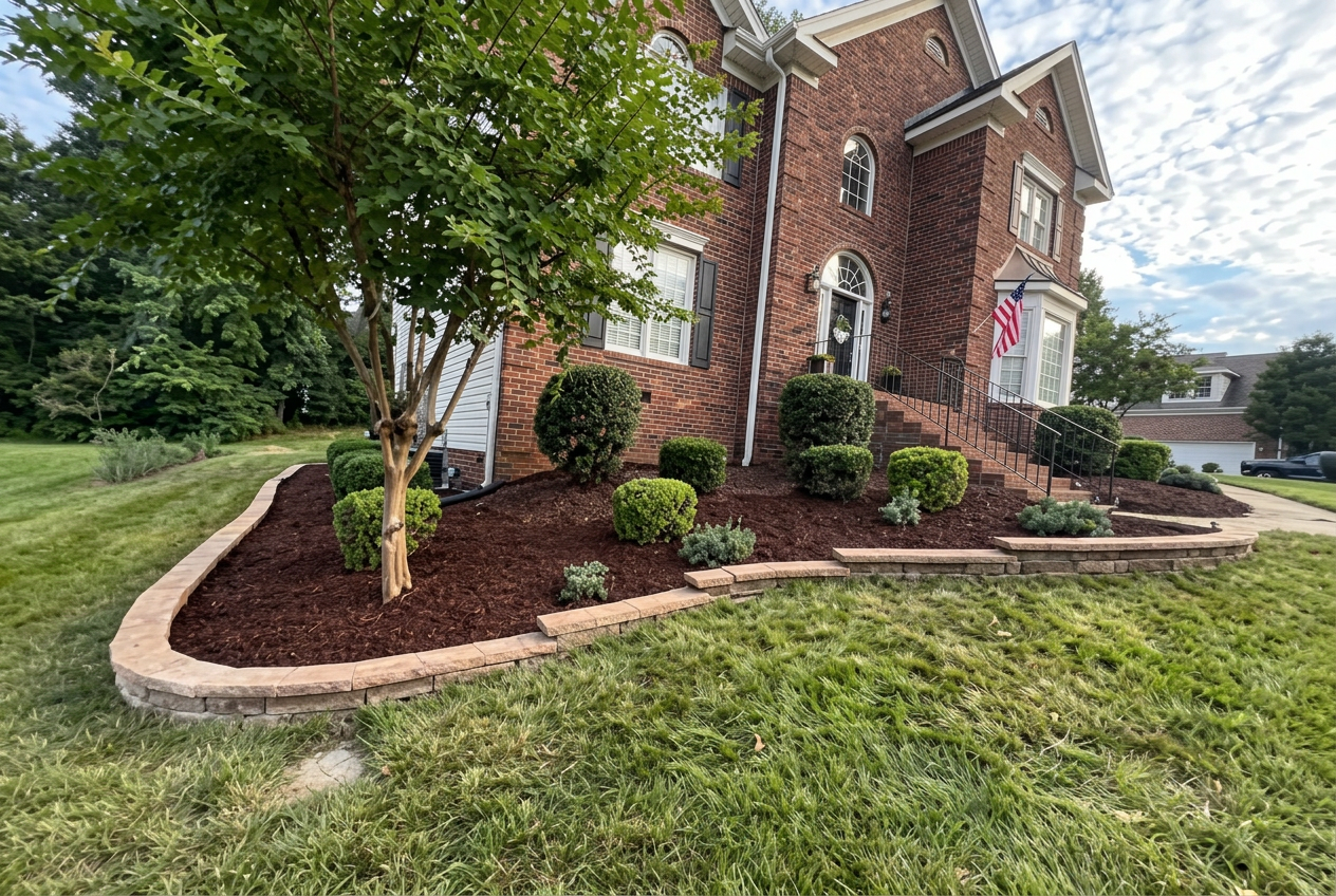 A curved front planting bed edged in stone with a young tree, clipped shrubs, and fresh mulch in front of a brick home