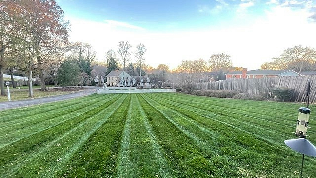 Long parallel mowing stripes across a broad green lawn beside a fence