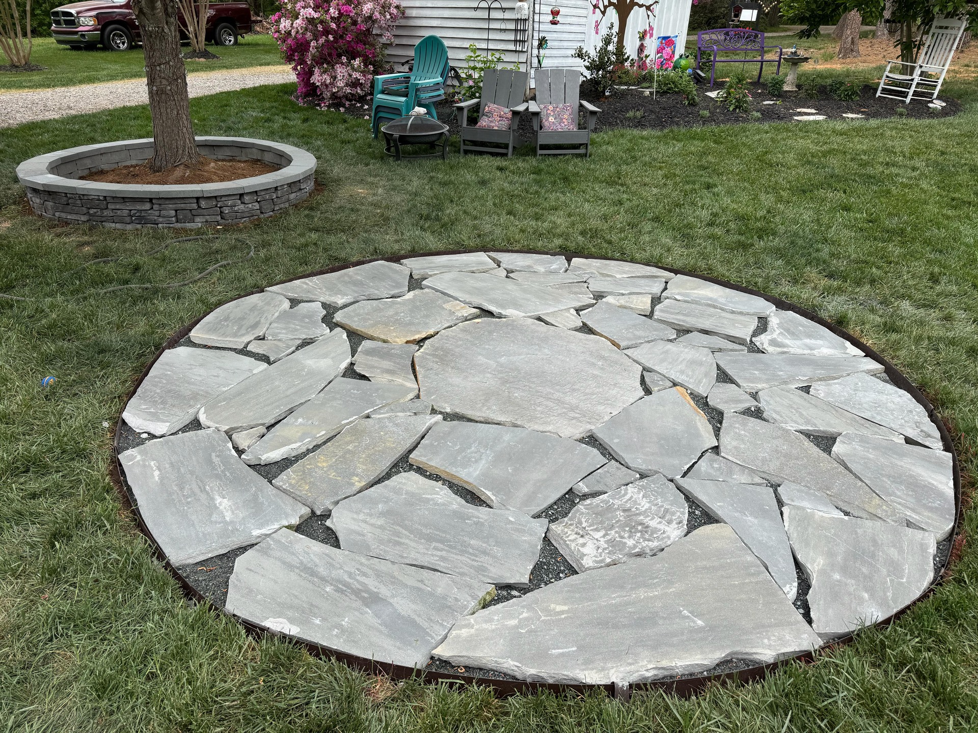 Circular stone patio during installation