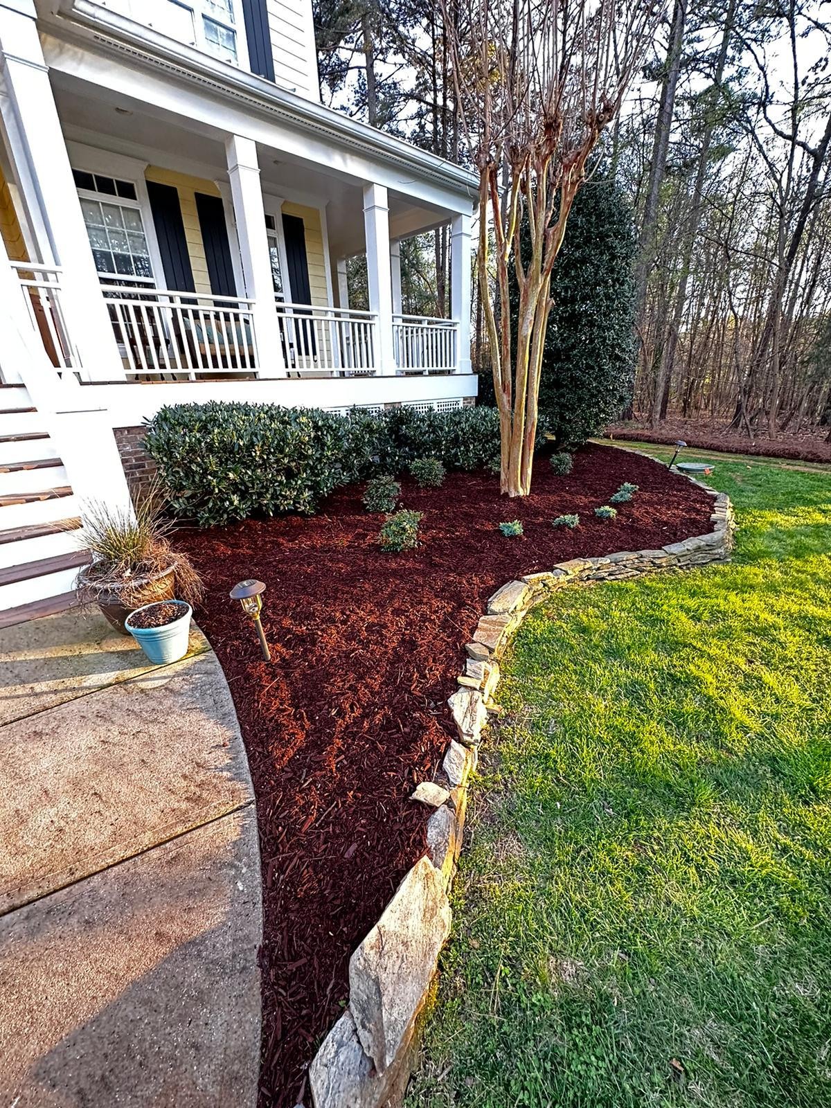 Fresh mulch and small plants along a curved lawn edge