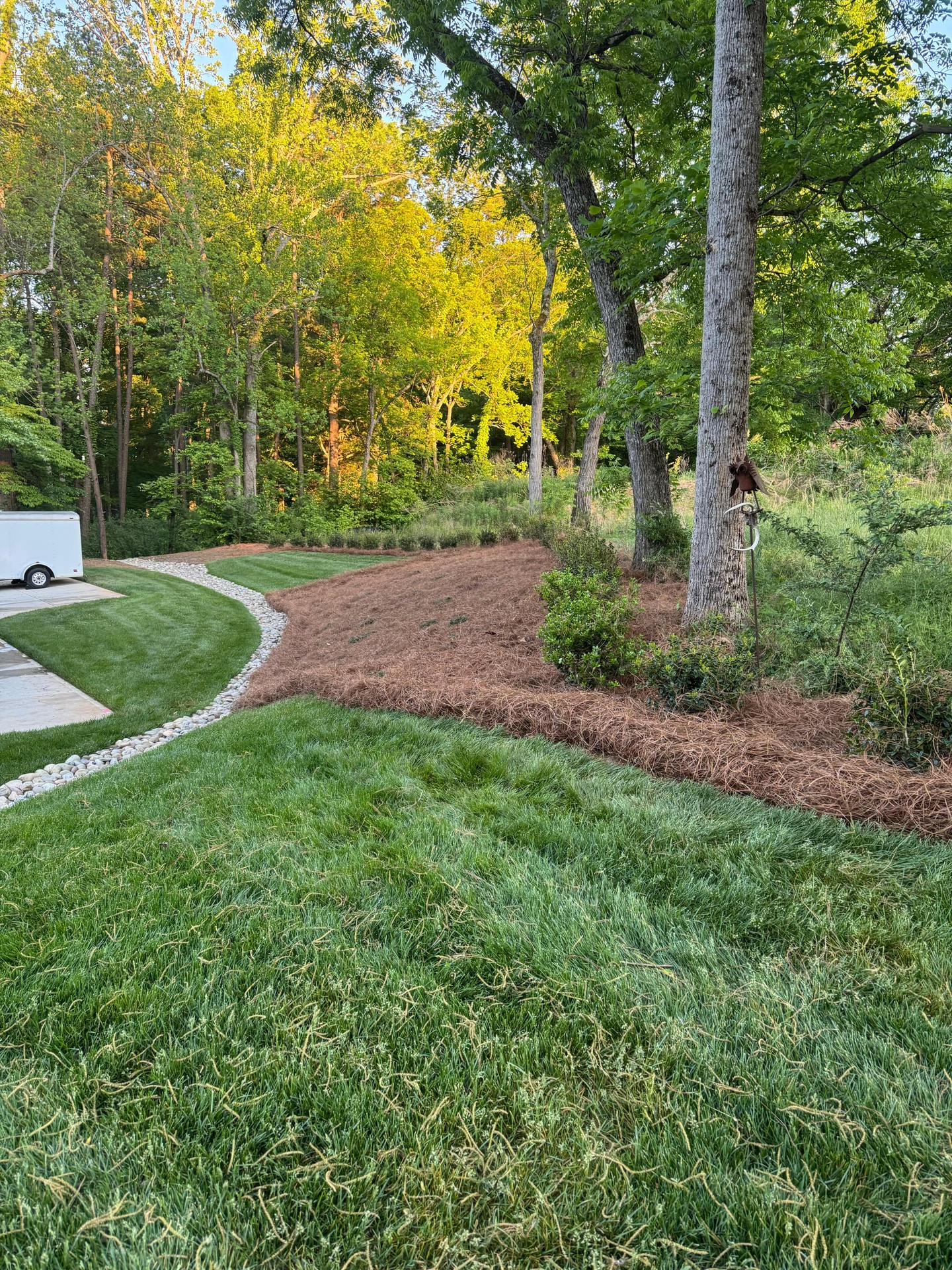 Curved mulch beds and flowering shrubs beside a front walkway