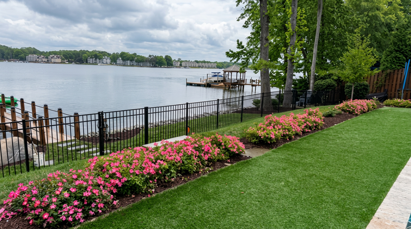 A lakeside lawn with pink flowering garden beds along a black metal fence