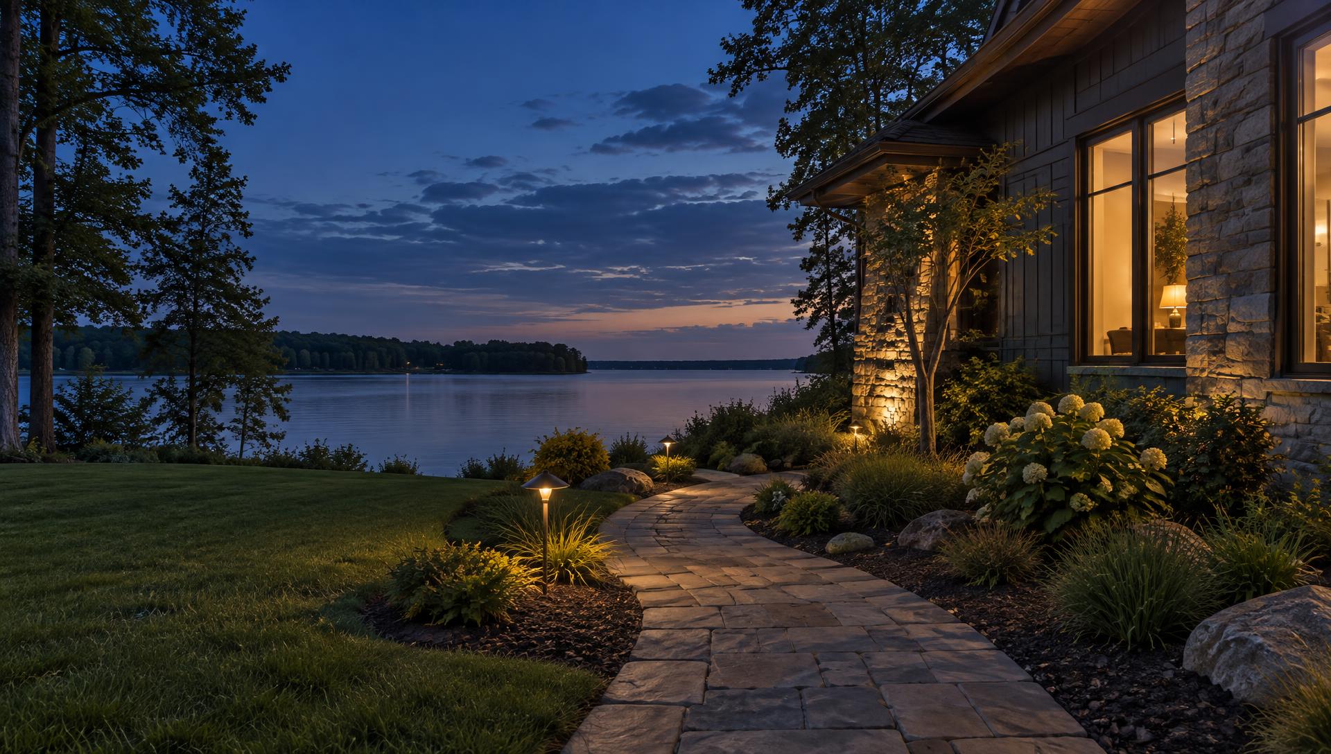 A landscaped garden with stone paths and soft evening lighting